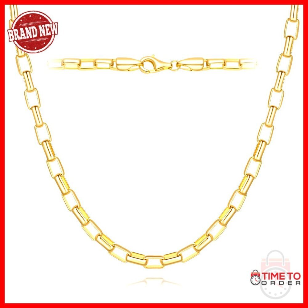 14K Gold Plated Box Chain Necklace, Rectangle Link, 1.5/4mm, 16-24in